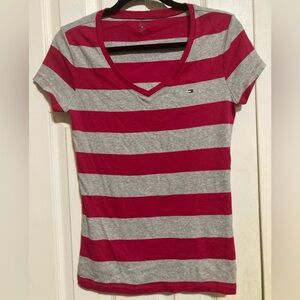 Tommy Hilfiger Women's Dark Pink and Gray Striped Top